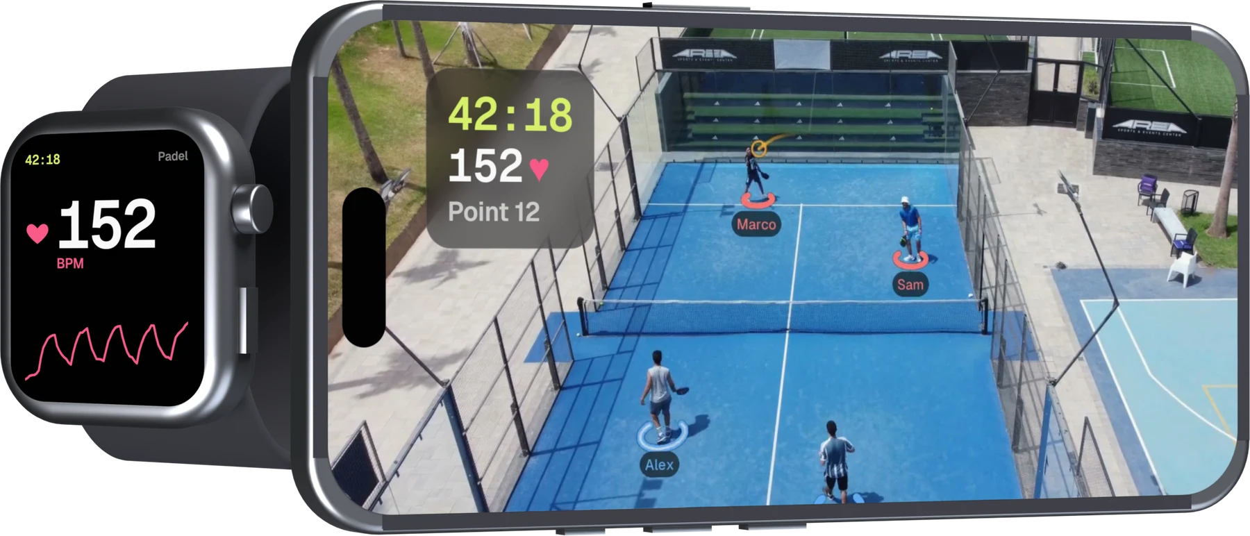 A watch showing 152 bpm beside a phone playing the match with the same heart rate on it